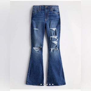 Hollister HIGH-RISE RIPPED DARK WASH FLARE JEANS size 0S w24